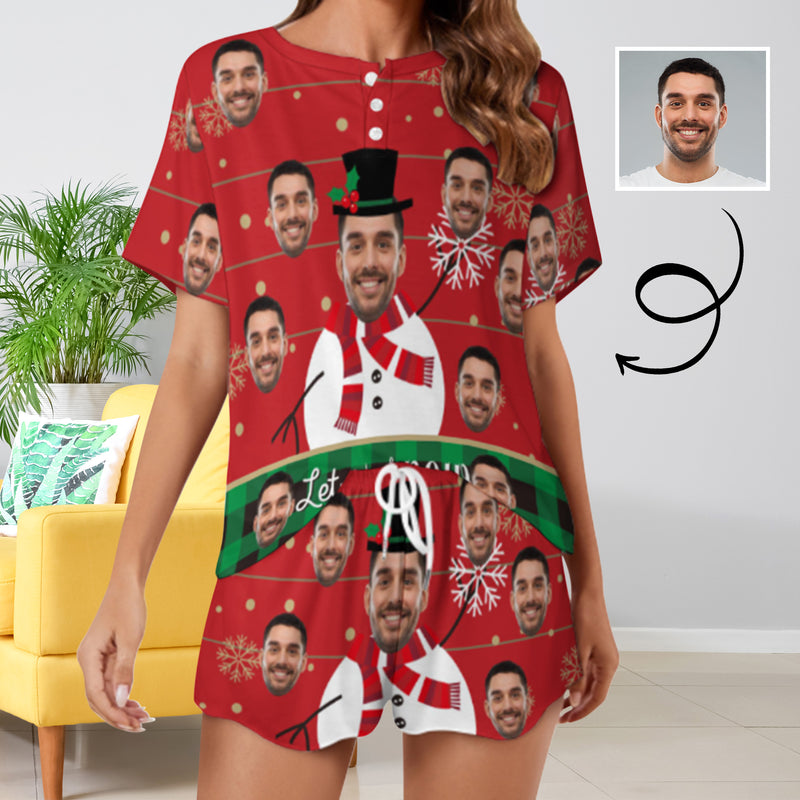 Custom Face Snowman Red Print Pajama Set Women's Short Sleeve Top and Shorts Loungewear Athletic Tracksuits