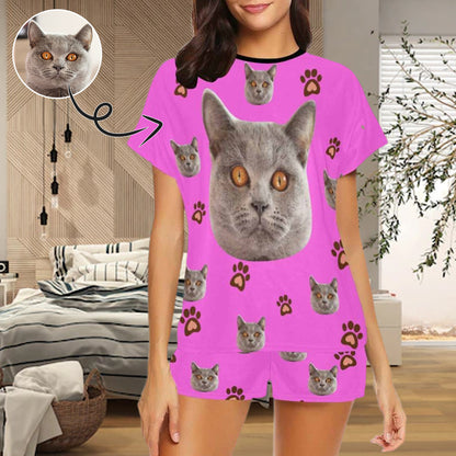 Custom Face Pajamas Lovely Cat Pink Sleepwear For Her Personalized Women's Short Pajama Set