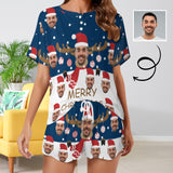 Custom Face Christmas Hat&Deer Horn Print Pajama Set Women's Short Sleeve Top and Shorts Loungewear Athletic Tracksuits