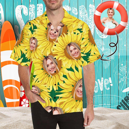 Custom Face Sunflower Men's All Over Print Hawaiian Shirt, Personalized Aloha Shirt With Photo Summer Beach Party As Gift for Vacation