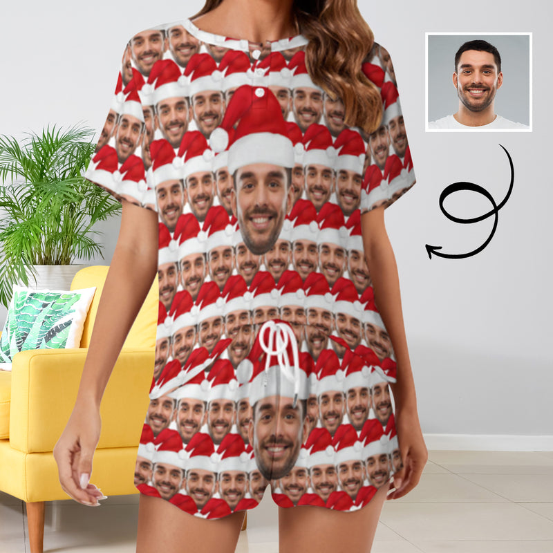 Custom Face Seamless Christmas Hat Print Pajama Set Women's Short Sleeve Top and Shorts Loungewear Athletic Tracksuits