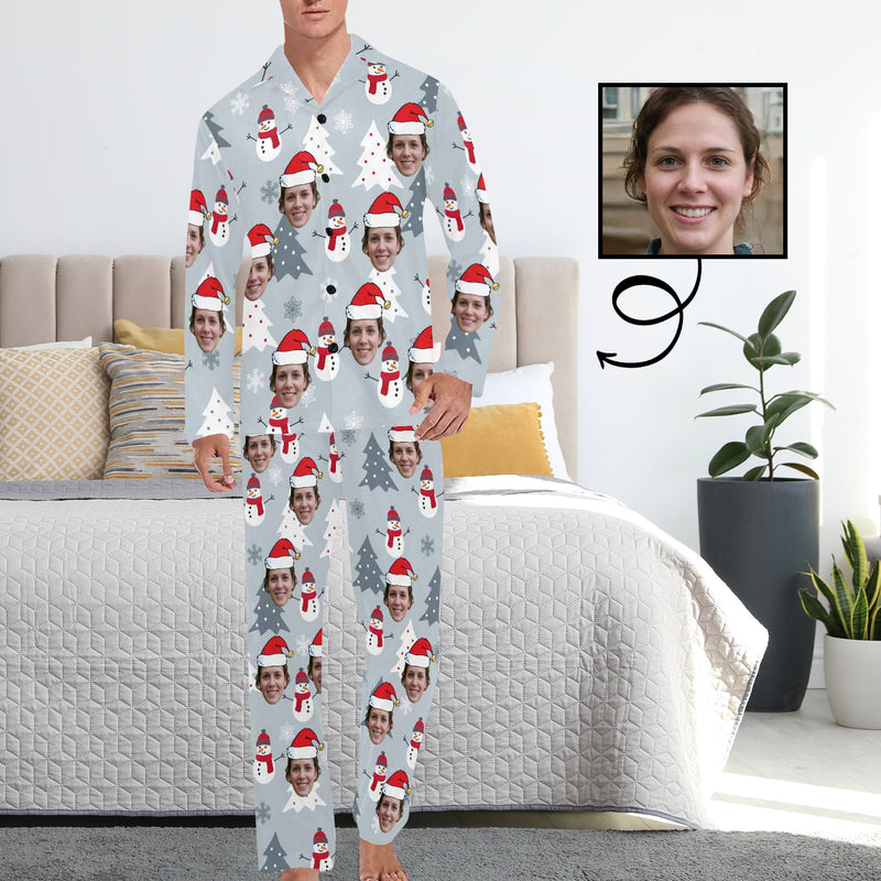 Custom Face Pajamas Snowmen&Tree Sleepwear Personalized Men's Long Pajama Set