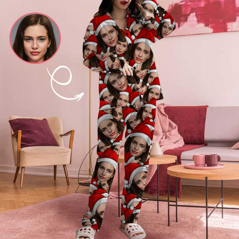 Custom Face Christmas Hat Seamless Head Women's Long Pajama Set