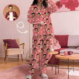 Custom Face Pajamas Pink Heart Sleepwear Personalized Women's Long Pajama Set