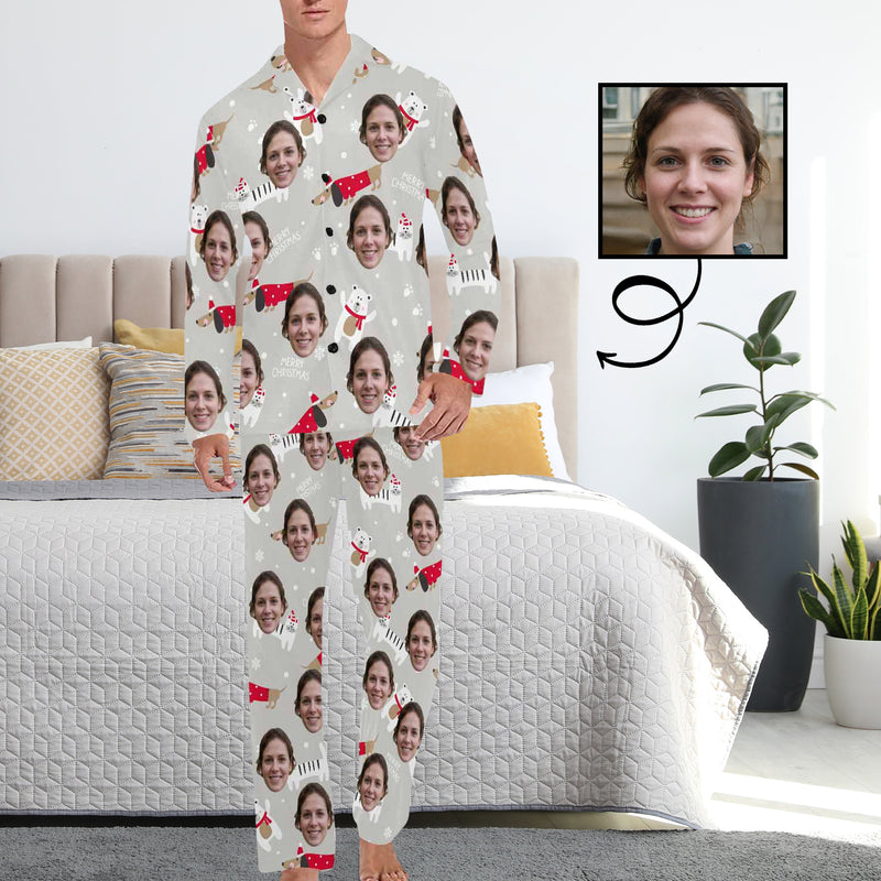 Custom Face Pajamas White Bear&Dog Sleepwear Personalized Men's Long Pajama Set