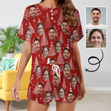 Custom Face Line Christmas Tress Red Print Pajama Set Women's Short Sleeve Top and Shorts Loungewear Athletic Tracksuits