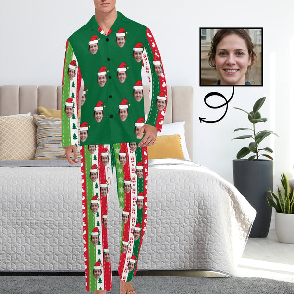 Custom Face Pajamas Red&Green Vertical Stripe Sleepwear Personalized Men's Long Pajama Set