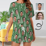 Custom Face Couple Line Chrismas Tree Green Print Pajama Set Women's Short Sleeve Top and Shorts Loungewear Athletic Tracksuits