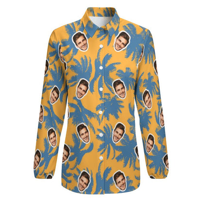 Custom Face Yellow Background Palm Tree Vntage Casual Long Sleeve Hawaiian Shirts