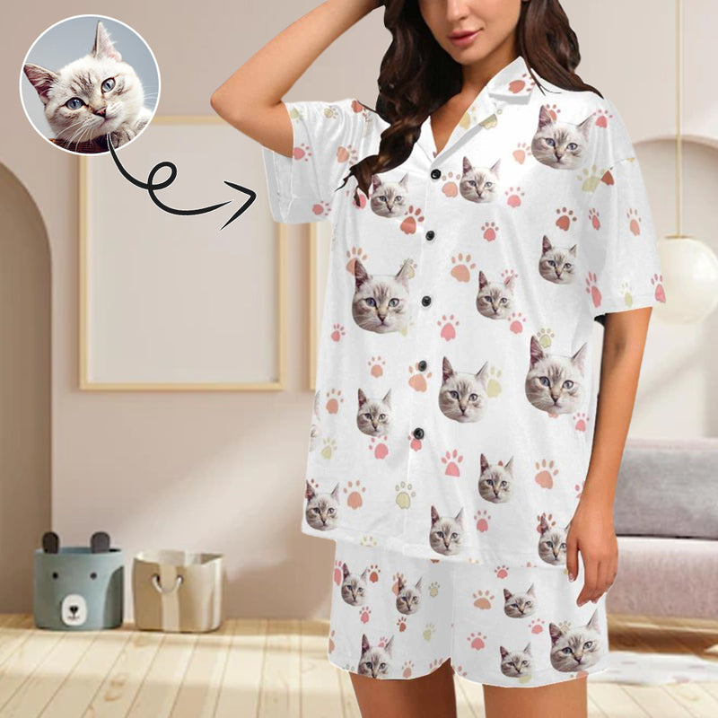 Custom Face My Cat Loungewear Personalized Photo Sleepwear Women's V-Neck Short Pajama Set