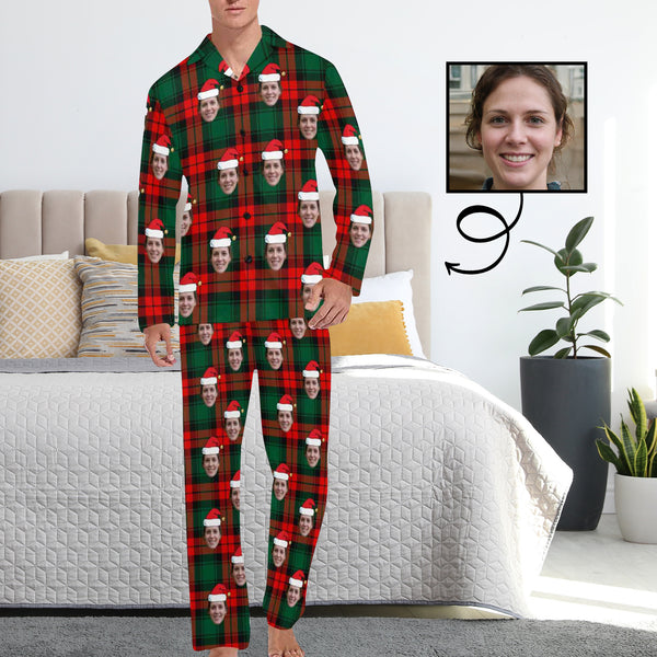 Custom Face Pajamas Red&Green Lattice Sleepwear Personalized Men's Long Pajama Set