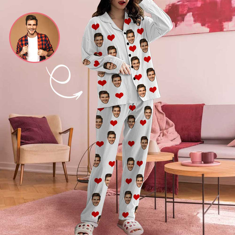 Custom Face Red Heart Women's Long Pajama Set