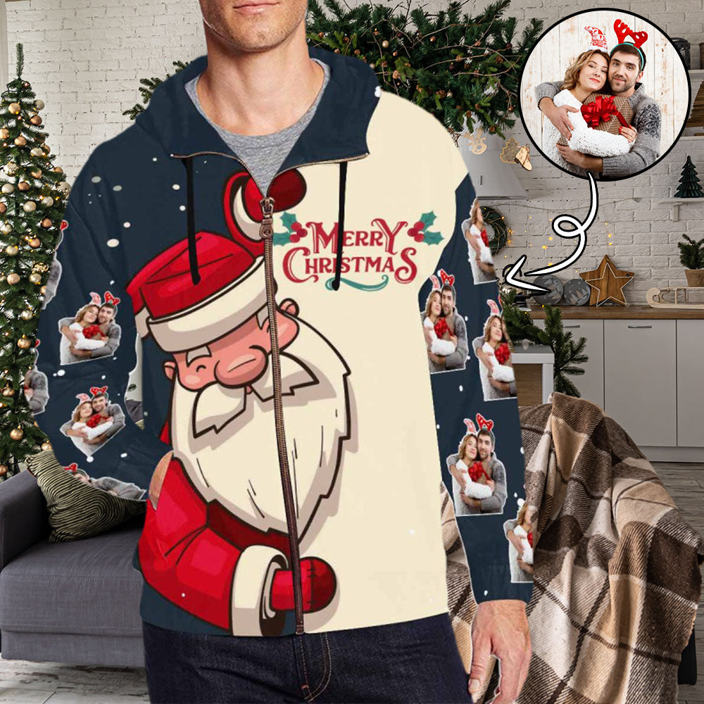 Custom Photo Merry Christmas Loving Couple Men's All Over Print Full Zip Hoodie