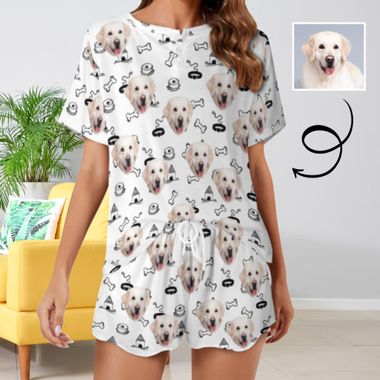 Custom Face Pet Bone Black&White Print Pajama Set Women's Short Sleeve Top and Shorts Loungewear Athletic Tracksuits