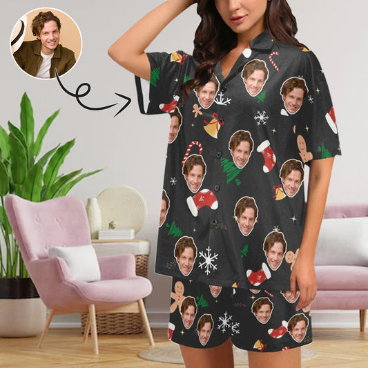 Custom Face Boyriend Chrismas Loungewear Personalized Photo Sleepwear Women's V-Neck Short Pajama Set