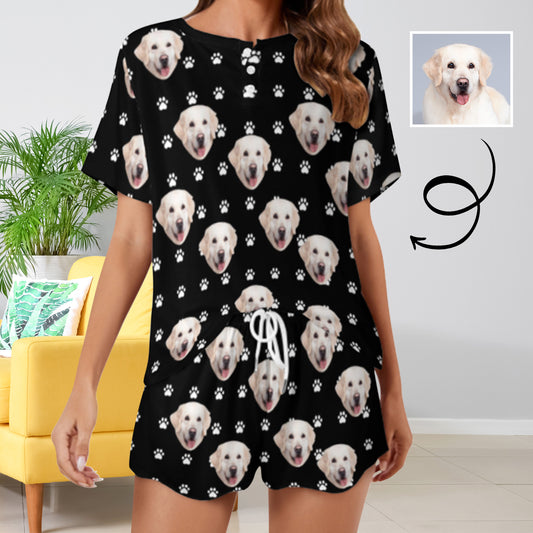 Custom Face Pet Footprint Black Print Pajama Set Women's Short Sleeve Top and Shorts Loungewear Athletic Tracksuits