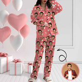 Custom Face Pajamas Pink Heart Sleepwear Personalized Women's Long Pajama Set