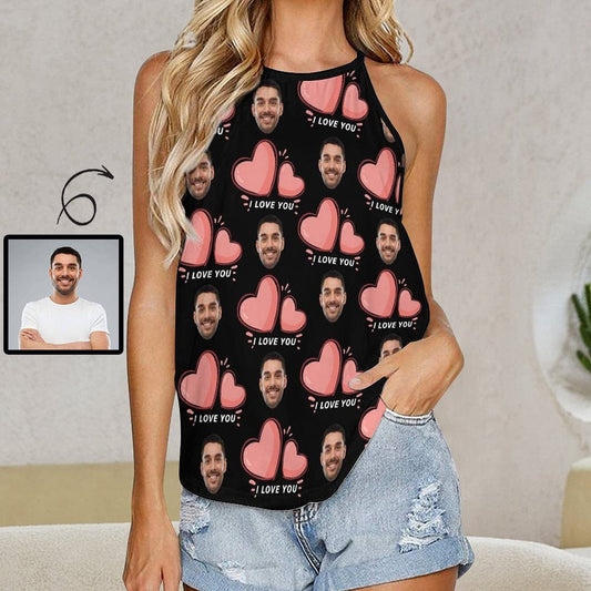 Custom Face Tops I Love You Summer Halterneck Strapless Print Vest Shirt Women's Loose Tank Top