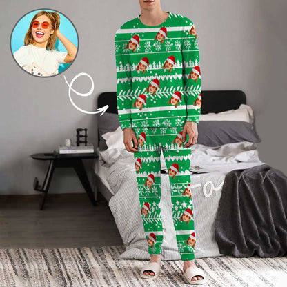 Custom Face Christmas Hat Green Men's Long Pajama Set