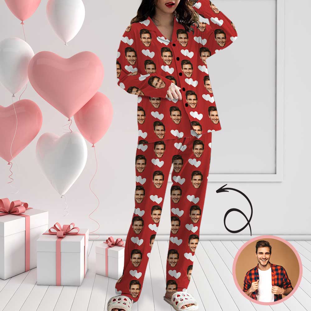 Custom Face Red Love Heart Women's Long Pajama Set