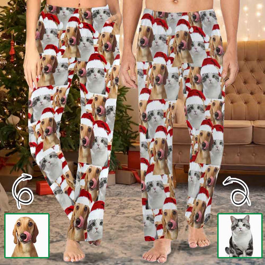 Personalized Long Pajama Pants for Men&Women Custom Pet Face Christmas Red Hat Sleepwear Slumber Party