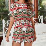 Custom Face Christmas Red&Green Stripe Print Pajama Set Women's Short Sleeve Top and Shorts Loungewear Athletic Tracksuits