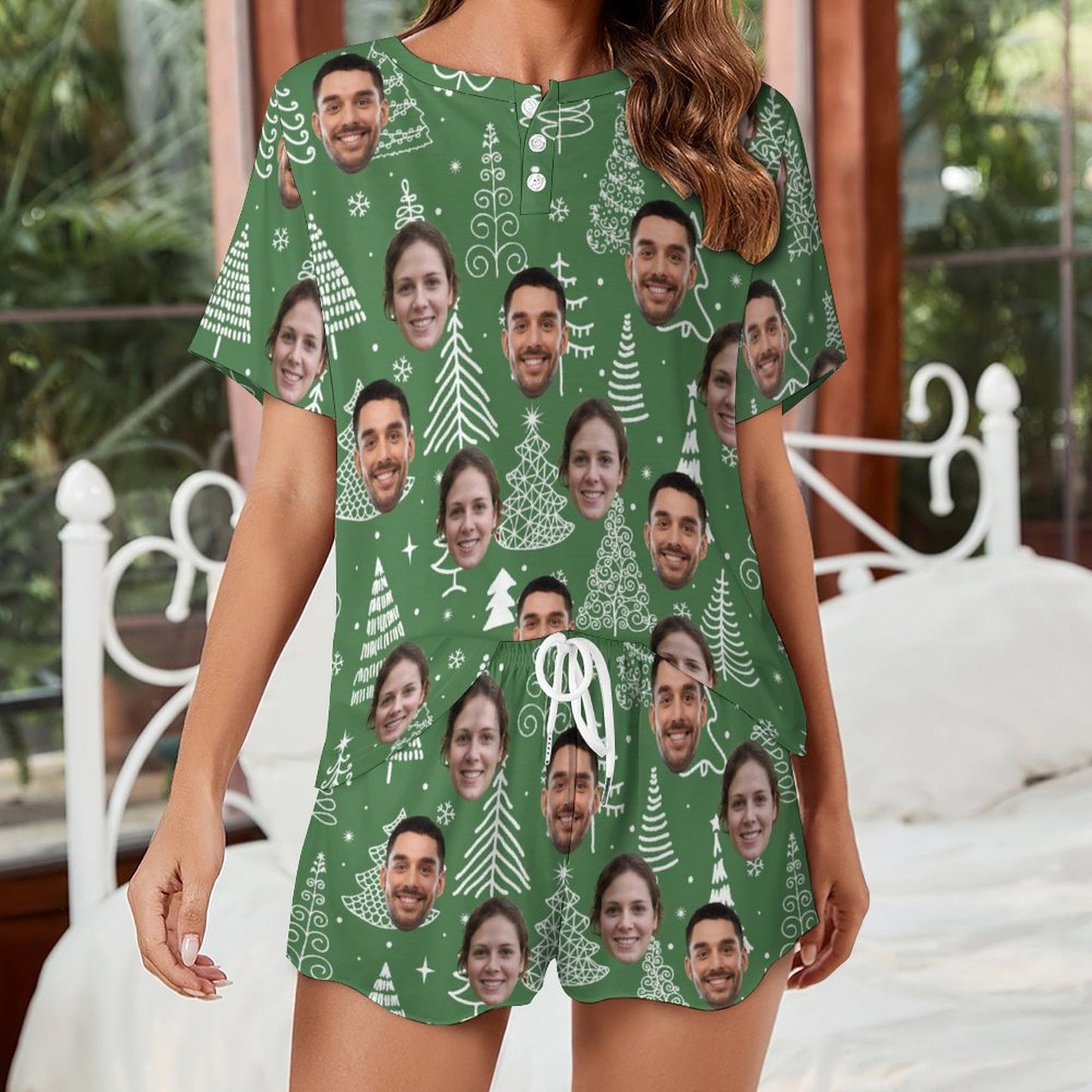 Custom Face Couple Line Chrismas Tree Green Print Pajama Set Women's Short Sleeve Top and Shorts Loungewear Athletic Tracksuits