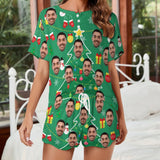 Custom Face Christmas Tree&Gift Print Pajama Set Women's Short Sleeve Top and Shorts Loungewear Athletic Tracksuits