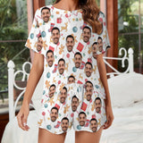 Custom Face Cartoon Pattern Print Pajama Set Women's Short Sleeve Top and Shorts Loungewear Athletic Tracksuits