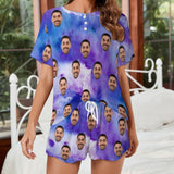 Custom Face Bandhnu Purple Print Pajama Set Women's Short Sleeve Top and Shorts Loungewear Athletic Tracksuits