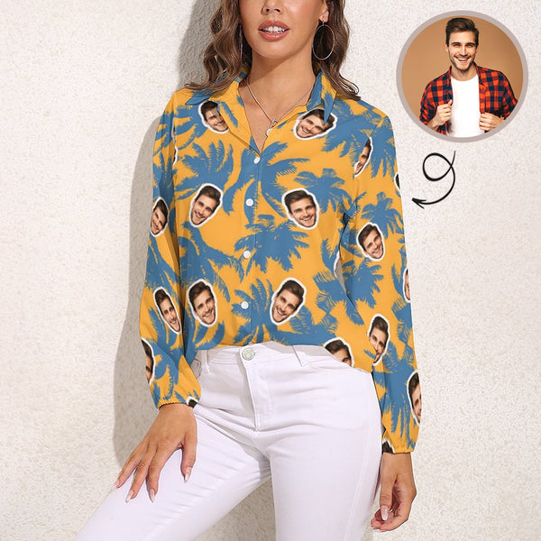 Custom Face Yellow Background Palm Tree Vntage Casual Long Sleeve Hawaiian Shirts