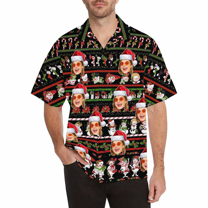 Custom Face Cute Snowman Red Hat Christmas Men's All Over Print Hawaiian Shirt