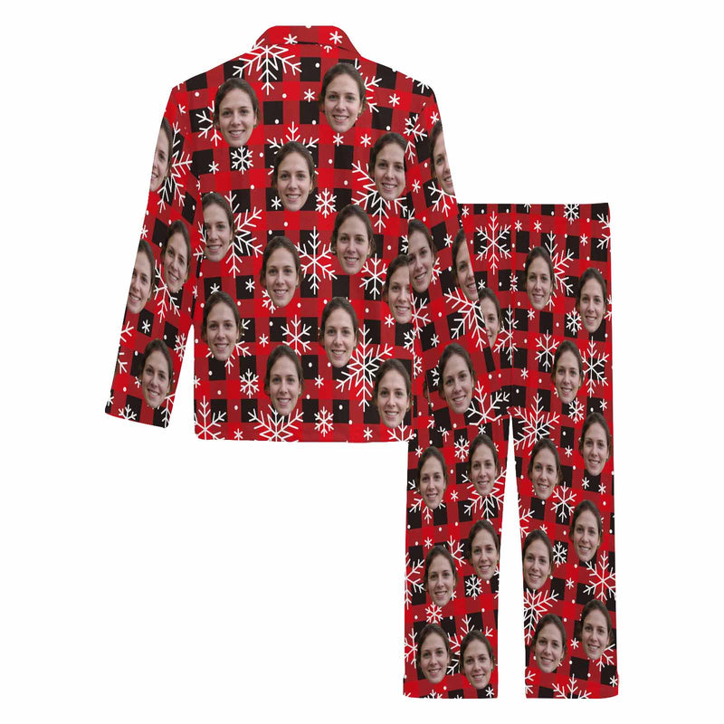 Custom Face Pajamas Red&Black Lattice Snowflake Sleepwear Personalized Men's Long Pajama Set