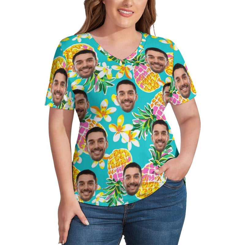 #Plus Size T-shirt-Custom Face Pineapple Plus Size V Neck T-shirt for Her Print Your Own Face on Shirt for Vacation