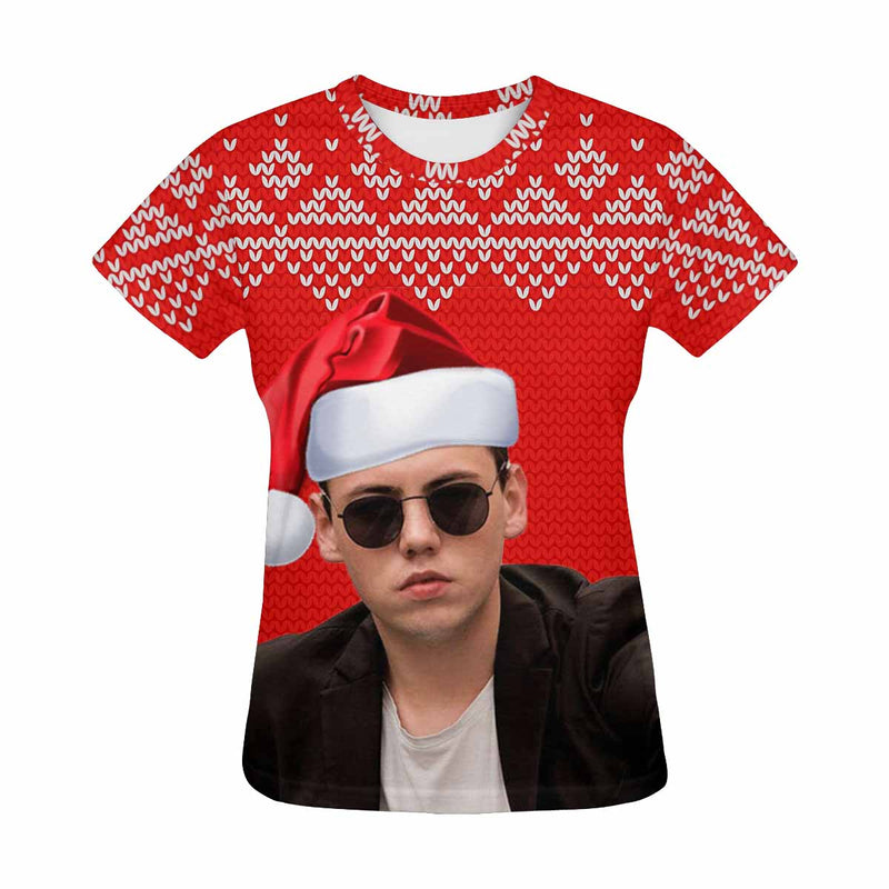 Custom Face Red Christmas Background Women's All Over Print T-shirt