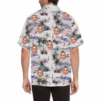 Custom Face Coconut Tree Pink Men's All Over Print Hawaiian Shirt, Personalized Aloha Shirt With Photo Summer Beach Party As Gift for Vacation