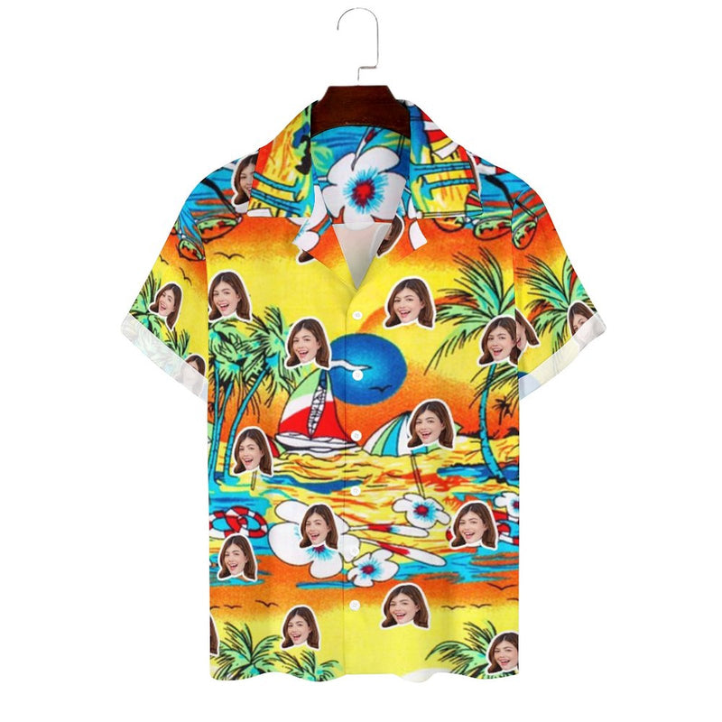 Custom Face Sunset Beach Men's Lapel Shirt Cuban Collar Hawaiian Shirt