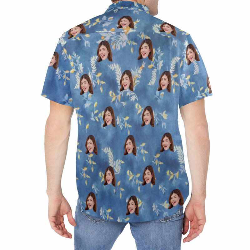 Custom Face Flower Branches Men's Crinkle Thin Hawaiian Shirt - Blue