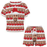 Custom Face Seamless Christmas Hat Print Pajama Set Women's Short Sleeve Top and Shorts Loungewear Athletic Tracksuits