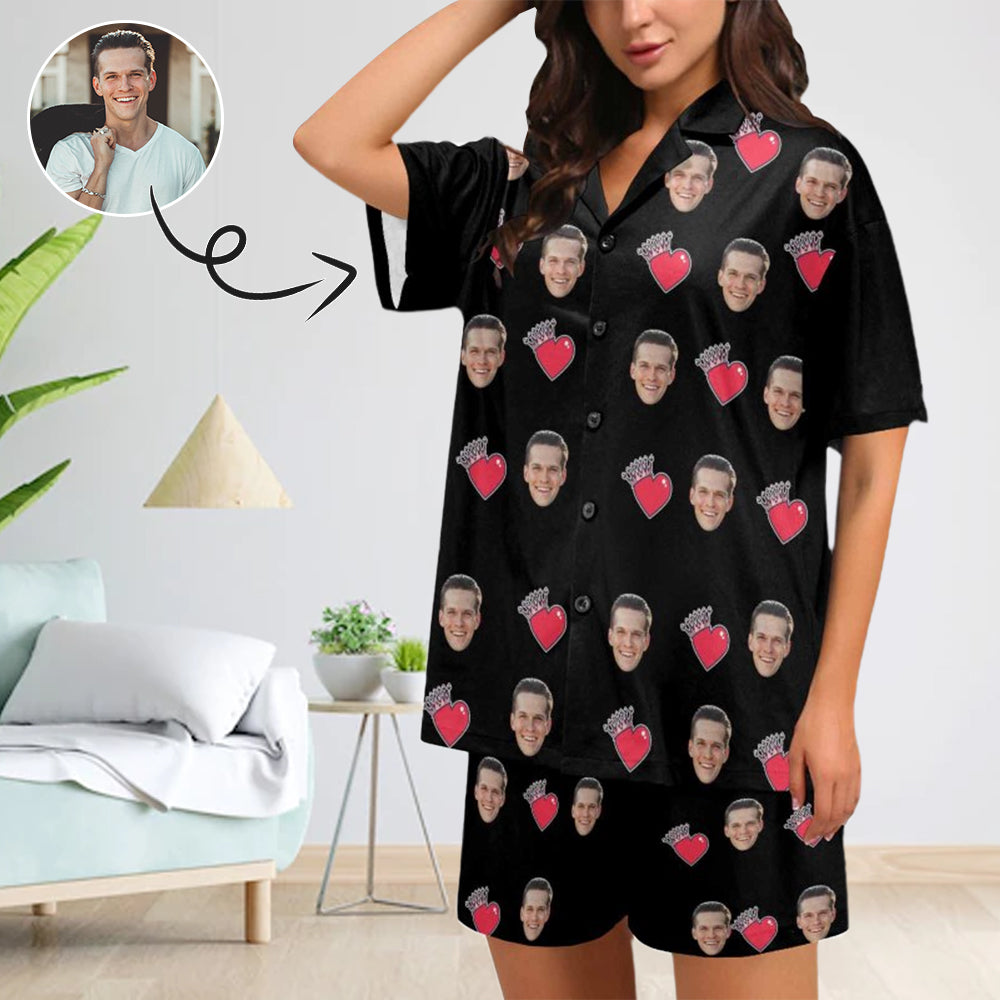 Custom Face Lover Heart Crown Loungewear Personalized Photo Sleepwear Women's V-Neck Short Pajama Set