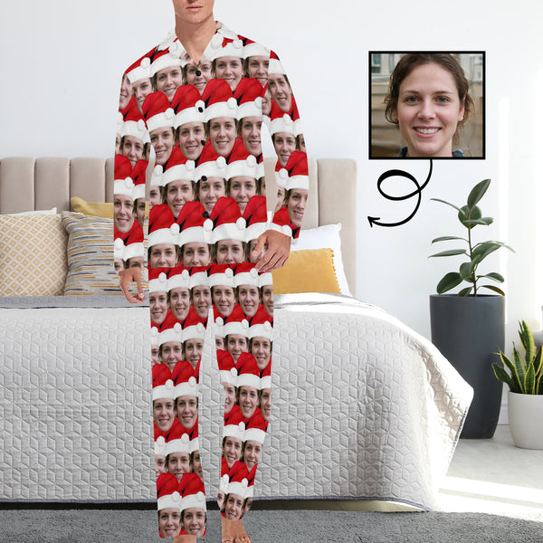 Custom Face Pajamas Seamless Christmas Hat Sleepwear Personalized Men's Long Pajama Set