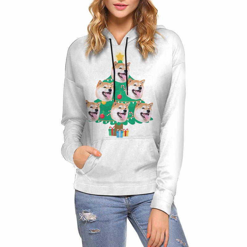 Printing Christmas Tree Hoodie with Face, Custom Women's All Over Print Hoodie Surprise Gifts for Mon Wife Girlfriend