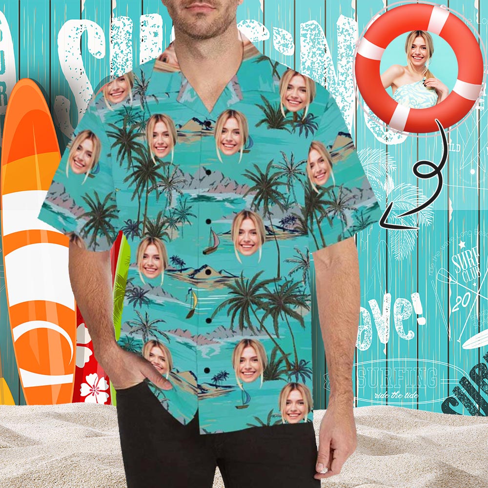 Custom Face Coconut Tree Green Men's All Over Print Hawaiian Shirt, Personalized Aloha Shirt With Photo Summer Beach Party As Gift for Vacation