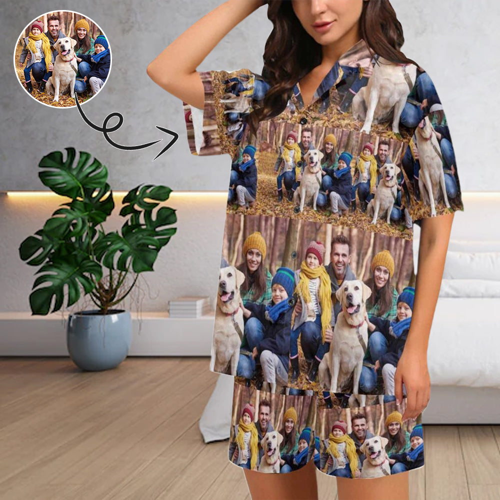 Custom Face My Family Loungewear Personalized Photo Sleepwear Women's V-Neck Short Pajama Set