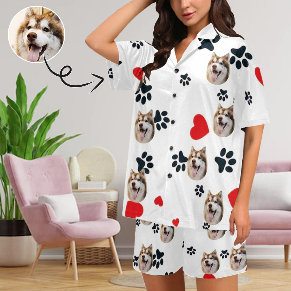 Custom Face Pet With Heart Loungewear Personalized Photo Sleepwear Women's V-Neck Short Pajama Set