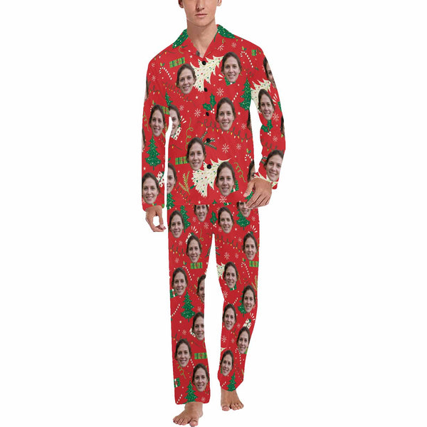 Custom Face Pajamas Green Tree Red Sleepwear Personalized Men's Long Pajama Set