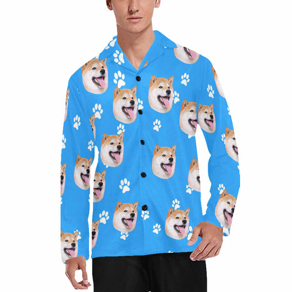 Pajama Shirt-Custom Pet's Face Pajamas Men's Sleepwear Personalized Photo Men's V-Neck Long Pajama Top