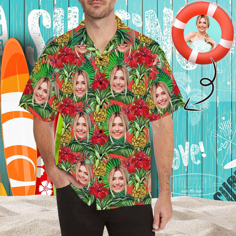 Custom Face Red Flower Men's All Over Print Hawaiian Shirt, Personalized Aloha Shirt With Photo Summer Beach Party As Gift for Vacation