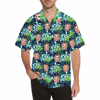 Custom Face Green Leaves Men's All Over Print Hawaiian Shirt, Personalized Aloha Shirt With Photo Summer Beach Party As Gift for Vacation