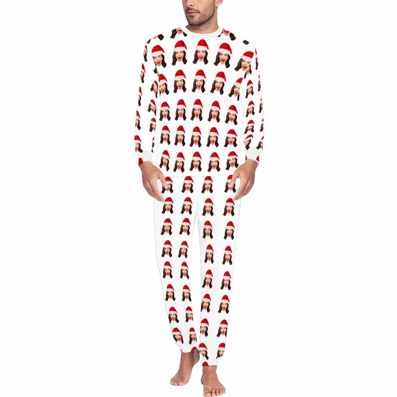 Personalized Family Matching Long Sleeve Pajamas Set Custom Face Christmas Hat Pajamas Nightwear